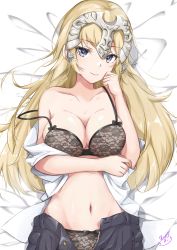 Rule 34 | 1girl, bare arms, bare shoulders, bed sheet, black bra, black panties, blonde hair, bra, breasts, cleavage, closed mouth, collarbone, fate/apocrypha, fate (series), grey eyes, hand up, headpiece, highres, hoshimiya mashiro, jeanne d&#039;arc (fate), jeanne d&#039;arc (ruler) (fate), large breasts, long hair, looking at viewer, lying, navel, on back, panties, pants, signature, smile, solo, stomach, strap slip, underwear