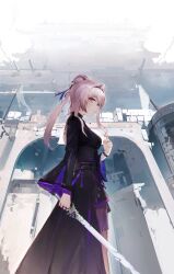 Rule 34 | 1girl, absurdres, animal ears, arknights, black dress, breasts, cannon, castle, commentary request, dress, ear ornament, feet out of frame, flag, hair over one eye, hand up, highres, holding, holding sword, holding weapon, hxhln, jewelry, lin (arknights), long dress, long hair, long sleeves, looking to the side, medium breasts, multiple rings, parted lips, pink hair, ponytail, purple eyes, ring, solo, sword, weapon, white flag, wristband