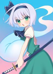 Rule 34 | 1girl, ascot, black ascot, blue background, blush, breasts, collared shirt, commentary request, e sdss, from side, ghost, gradient background, green eyes, green skirt, green vest, grey hair, hair between eyes, highres, hitodama, holding, holding weapon, katana, konpaku youmu, konpaku youmu (ghost), looking at viewer, medium breasts, multicolored background, open mouth, pink background, puffy short sleeves, puffy sleeves, shirt, short hair, short sleeves, skirt, solo, standing, sword, tongue, touhou, vest, weapon, white shirt