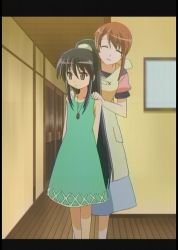 Rule 34 | 00s, 2girls, alastor (shakugan no shana), apron, arms behind back, black hair, brown eyes, collarbone, dress, full body, hands on shoulders, height difference, indoors, jewelry, lipstick, long hair, looking away, makeup, multiple girls, necklace, pendant, ponytail, sakai chigusa, screencap, shakugan no shana, shana, slippers, smile, standing, stitched, sundress, third-party edit, very long hair