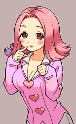 Rule 34 | 1girl, :3, ace attorney, april may, blush, breasts, buttons, cleavage, finger to mouth, flipped hair, formal, grey background, heart button, highres, jacket, large breasts, long sleeves, looking at viewer, numae kaeru, open mouth, phoenix wright: ace attorney, pink eyes, pink hair, pink jacket, red eyes, shirt, short hair, simple background, solo, suit