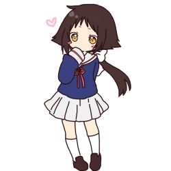 Rule 34 | 1girl, blue shirt, bow, brown eyes, brown footwear, brown hair, chibi, covered mouth, full body, hair bow, hand up, heart, kneehighs, loafers, long hair, long sleeves, low ponytail, mikakunin de shinkoukei, mitsumine mashiro, neck ribbon, pleated skirt, red ribbon, ribbon, sailor collar, shika (s1ka), shirt, shoes, simple background, skirt, sleeves past fingers, sleeves past wrists, socks, solo, standing, very long hair, white background, white bow, white socks, white sailor collar, white skirt