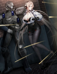 Rule 34 | 1girl, 1other, absurdres, armor, assault rifle, azur lane, bare shoulders, belt, black belt, black bra, black choker, black footwear, black gloves, black skirt, blonde hair, blue eyes, bra, bra peek, breasts, brick wall, bullpup, choker, cleavage, collarbone, commentary, commission, destiny (game), elbow gloves, english commentary, famas, firing, full armor, full body, gloves, gun, helm, helmet, high-waist pantyhose, high-waist skirt, high heels, highres, holding, holding gun, holding weapon, huge breasts, impossible hair, irkawaza, kronshtadt (azur lane), kronshtadt (begin the rush!) (azur lane), long hair, long sleeves, looking to the side, mole, mole on breast, o-ring, official alternate costume, open clothes, open shirt, outdoors, pantyhose, parted bangs, parted lips, pencil skirt, police badge, rifle, shadow, shirt, sidelocks, skindentation, skirt, standing, standing on one leg, swat, thigh strap, titan (destiny), underwear, very long hair, weapon, white shirt