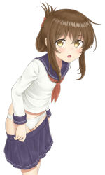 Rule 34 | 1girl, :o, blue sailor collar, blue skirt, blush, brown eyes, brown hair, clothes pull, commentary, folded ponytail, from side, groin, highres, inazuma (kancolle), kantai collection, leaning forward, long sleeves, looking at viewer, looking to the side, neckerchief, open mouth, panties, pleated skirt, red neckerchief, sailor collar, sc naru, school uniform, serafuku, sidelocks, simple background, skindentation, skirt, skirt pull, solo, underwear, white background, white panties
