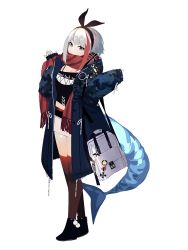 Rule 34 | 1girl, admiral graf spee (azur lane), alternate costume, azur lane, bag, blue eyes, breasts, casual, cleavage, commentary request, contemporary, cross, fins, fish tail, hairband, handbag, highres, iron cross, jacket, long sleeves, looking at viewer, mania (fd6060 60), midriff, multicolored hair, oversized clothes, red scarf, red thighhighs, scarf, shark tail, short hair, short hair with long locks, simple background, sleeves past wrists, solo, streaked hair, tail, thighhighs, walking, white background, white hair