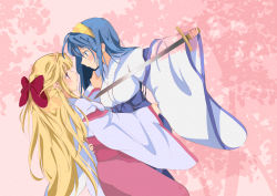 Rule 34 | 2girls, absurdres, artist request, blonde hair, blue eyes, blue hair, bow, commentary request, floral background, hair bow, hairband, highres, himemiya chikane, holding, holding sword, holding weapon, japanese clothes, kannazuki no miko, kurusugawa himeko, long hair, miko, multiple girls, purple eyes, red bow, sword, weapon, yellow hairband, yuri