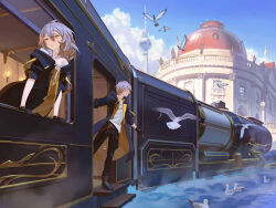 Rule 34 | 1boy, 1girl, astral express (honkai: star rail), bird, black gloves, black jacket, boots, building, caelus (honkai: star rail), cloud, cloudy sky, commentary, commission, day, english commentary, gloves, grey hair, hair between eyes, highres, honkai: star rail, honkai (series), jacket, looking outside, medium hair, off shoulder, open clothes, open jacket, parted lips, pigeon, shirt, short hair, sky, stelle (honkai: star rail), timbougami, trailblazer (honkai: star rail), white shirt, window, yellow eyes