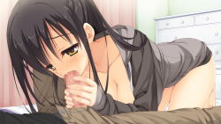 Rule 34 | 1girl, bed, black hair, blush, breasts, censored, curtains, fellatio, game cg, hanging breasts, jacket, kneeling, kobuichi, large breasts, legs, long hair, looking down, lying, muririn, no bra, open clothes, oral, penis, sanoba witch, thighs, togakushi touko, yellow eyes