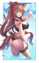 Rule 34 | 1girl, ;d, animal ears, ass, bad id, bad pixiv id, bikini, black bikini, bloody0rabby, blue sky, breasts, brown hair, cleavage, cloud, day, eyewear on head, frilled bikini, frills, green eyes, heart, heart-shaped eyewear, highres, horse ears, horse girl, horse tail, long hair, maruzensky (blasting off summer night) (umamusume), maruzensky (umamusume), medium breasts, official alternate costume, one eye closed, open mouth, partially submerged, resolution mismatch, sky, smile, solo, source smaller, sunglasses, swimsuit, tail, umamusume, v, very long hair