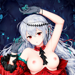 Rule 34 | 1girl, absurdres, aqua gloves, arknights, arm above head, ascot, bad id, bad pixiv id, black ascot, black gloves, black wristband, blue ribbon, blush, breasts, breasts out, clothes pull, collar, d:, dark background, detached collar, detached sleeves, dress, dress pull, gloves, grey hair, hair between eyes, hands up, highres, infection monitor (arknights), long hair, looking at viewer, medium breasts, nipples, official alternate costume, open mouth, parted lips, red collar, red dress, red eyes, red ribbon, red sleeves, ribbon, shibanme tekikumo, skadi (arknights), skadi the corrupting heart (arknights), solo, two-tone gloves, upper body