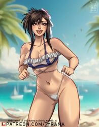 Rule 34 | 1girl, absurdres, beach, belly, bikini, black hair, blurry, blurry background, breasts, brown eyes, cleavage, cloud, final fantasy, final fantasy vii, final fantasy vii rebirth, final fantasy vii remake, flower, frilled bikini, frilled bikini top, frills, hair flower, hair ornament, highres, large breasts, navel, ocean, official alternate costume, official alternate hairstyle, palm tree, ship, smile, solo, stomach, swimsuit, thighs, thong bikini, tifa lockhart, tifa lockhart (shining spirit), tongue, tongue out, tree, tyrana91, watercraft, white bikini