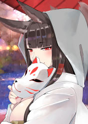 Rule 34 | 1girl, akagi (azur lane), animal ears, azur lane, black hair, blunt bangs, blush, breasts, closed mouth, day, fox ears, fox mask, fox tail, from side, hand up, hood, hood up, large breasts, long hair, looking at viewer, mask, multiple tails, nail polish, nuko (mikupantu), oil-paper umbrella, outdoors, rain, red eyes, red nails, smile, solo, straight hair, tail, tsurime, umbrella, upper body