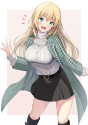 Rule 34 | 1girl, akahi242, alternate costume, aqua eyes, atago (kancolle), belt, black belt, black footwear, black skirt, blonde hair, blush, boots, coat, feet out of frame, green coat, hair between eyes, highres, kantai collection, knee boots, long hair, looking at viewer, open clothes, open coat, open mouth, ribbed sweater, skirt, smile, solo, sweater, turtleneck, turtleneck sweater, white sweater
