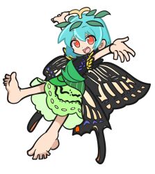 Rule 34 | 1girl, antennae, aqua hair, bad anatomy, bad feet, barefoot, butterfly wings, dress, eternity larva, fairy, full body, green dress, insect wings, leaf, leaf on head, multicolored clothes, multicolored dress, open mouth, orange eyes, parody, puyopuyo, shinmon akika, short hair, short sleeves, simple background, smile, solo, style parody, touhou, white background, wings
