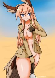 Rule 34 | 1girl, ahoge, bird tail, blonde hair, blue sky, bottle, breasts, brown gloves, cleavage, cloud, desert, gloves, groin, hanna-justina marseille, head wings, horizon, large breasts, long hair, looking at viewer, navel, no bra, no panties, open clothes, panamacarbine, sand, sky, smile, solo, strike witches, tail, thighs, twitter username, wings, world witches series