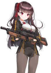 Rule 34 | 1girl, bad id, bad pixiv id, bipod, black pantyhose, black skirt, blazer, blush, breasts, bullpup, dduck kong, framed breasts, girls&#039; frontline, gloves, gun, hair ribbon, half updo, high-waist skirt, highres, holding, holding gun, holding weapon, jacket, large breasts, long hair, looking at viewer, necktie, one side up, pantyhose, pelvic curtain, purple hair, red eyes, red necktie, ribbon, rifle, shirt, simple background, skirt, sniper rifle, solo, striped clothes, striped shirt, trigger discipline, very long hair, wa2000 (girls&#039; frontline), walther, walther wa 2000, weapon, white shirt