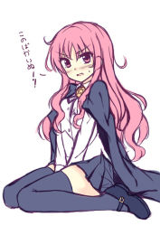Rule 34 | 1girl, bad id, bad pixiv id, blush, cape, knees together feet apart, long hair, louise francoise le blanc de la valliere, mary janes, peach88, pentacle, pink eyes, pink hair, pleated skirt, shoes, simple background, sitting, skirt, solo, thighhighs, translated, wariza, zero no tsukaima