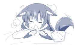 Rule 34 | 1girl, :d, ^ ^, animal ears, bad id, bad twitter id, blush, closed eyes, dress, ears down, closed eyes, fang, flapping ears, frilled dress, frilled sleeves, frills, greyscale, happy, imaizumi kagerou, kazawa (tonzura-d), long hair, md5 mismatch, monochrome, open mouth, resized, smile, tail, tail wagging, touhou, wide sleeves, wolf ears, wolf tail
