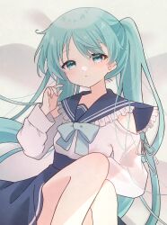 Rule 34 | 1girl, absurdres, blue eyes, blue hair, blush, bow, bowtie, clothing cutout, frilled sailor collar, frills, hand up, hatsune miku, highres, knees up, long hair, long sleeves, looking at viewer, lying, on back, parted lips, sailor collar, shirt tucked in, shoulder cutout, skirt, sleeve ribbon, solo, twintails, very long hair, vocaloid, yomiya yumeha