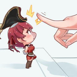 Rule 34 | 1girl, 1other, :o, ambiguous gender, berotore, blush stickers, breasts, from side, hat, highres, hololive, houshou marine, houshou marine (1st costume), index finger raised, large breasts, looking at another, looking up, mini person, minigirl, pirate hat, red hair, shadow, surprised, twintails, virtual youtuber, yellow eyes
