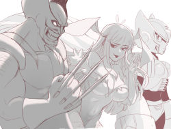 Rule 34 | 1girl, 2boys, animal print, bare shoulders, bat print, breasts, capcom, claw (weapon), cleavage, clenched hand, clenched teeth, closed mouth, covered navel, crossover, facial hair, fang, gloves, grey background, greyscale, head wings, heart, helmet, highres, long hair, looking at another, marvel, marvel vs. capcom, mask, mega man (series), monochrome, morrigan aensland, multiple boys, muscular, muscular male, no pupils, off shoulder, sho-n-d, simple background, standing, teeth, vampire (game), very long hair, weapon, wings, wolverine (x-men), x-men, zero (mega man)