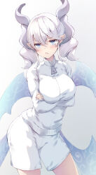 Rule 34 | 1girl, :t, alternate costume, arms under breasts, blush, breast hold, breasts, closed mouth, cowboy shot, crossed arms, demon girl, demon horns, demon wings, duel monster, grey eyes, gym uniform, highres, horns, jacket, large breasts, long sleeves, looking at viewer, lovely labrynth of the silver castle, nakazawa aki, pointy ears, pout, shorts, solo, track jacket, twintails, white background, white hair, wings, yu-gi-oh!