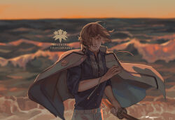 Rule 34 | 1boy, beach, belt, black shirt, blonde hair, buttons, character name, commentary request, copyright name, dated commentary, grin, higekiri (touken ranbu), holding, holding sword, holding weapon, jacket, jacket on shoulders, katana, looking at viewer, male focus, military, military uniform, outdoors, pants, shirt, short hair, smile, solo, sunset, sword, touken ranbu, uniform, upper body, weapon, white belt, white jacket, white pants, yellow eyes, zi tsas