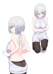Rule 34 | 10s, 1girl, ass, back, backless dress, backless outfit, bare back, bare shoulders, breasts, dress, from behind, grey dress, halterneck, hamakaze (kancolle), kaname (melaninusa09), kantai collection, looking back, meme attire, multiple views, naked sweater, no bra, pantyhose, ribbed sweater, sideboob, sweater, sweater dress, turtleneck, turtleneck sweater, virgin killer sweater