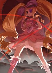 Rule 34 | 1girl, absurdres, black eyes, blonde hair, bow, closed mouth, dress, eyepatch, floating hair, hair bow, harime nui, highres, holding, holding umbrella, kill la kill, layered dress, lolita fashion, long hair, pink dress, pink footwear, pink umbrella, red bow, short dress, sleeveless, sleeveless dress, smile, solo, standing, twintails, umbrella, very long hair, zyaki