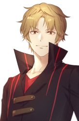 Rule 34 | 1boy, berry o t, black jacket, blonde hair, brown eyes, closed mouth, collared jacket, izumi kouhei, jacket, looking at viewer, male focus, red shirt, shirt, short hair, simple background, smile, solo, upper body, white background, world trigger