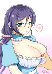 Rule 34 | 10s, 1boy, 1girl, absurdres, areola slip, artist name, blush, breasts, green eyes, highres, large breasts, long hair, love live!, love live! school idol festival, love live! school idol project, neck garter, purple hair, solo focus, spoken blush, sweat, tojo nozomi, twintails, wavy mouth, yusuke isaki