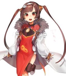 Rule 34 | 1girl, absurdres, azur lane, bad id, bad twitter id, black thighhighs, brown hair, china dress, chinese clothes, coat, covered erect nipples, dress, flat chest, hairband, highres, leg lift, long hair, ohisashiburi, open mouth, ping hai (azur lane), red dress, red eyes, shoes, single thighhigh, solo, standing, standing on one leg, thighhighs, twintails, white coat