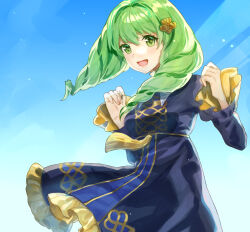 Rule 34 | 1girl, commentary, drill hair, fire emblem, fire emblem: three houses, flayn (fire emblem), garreg mach monastery uniform, green eyes, green hair, hair ornament, hairclip, hands up, highres, jurge, looking at viewer, nintendo, open mouth, smile, solo, swept bangs, twin drills