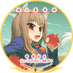 Rule 34 | 00s, 1girl, animal ears, apple, eating, food, fruit, holding, holding food, holding fruit, holo, koume keito, solo, spice and wolf, tail, wolf ears, wolf tail