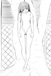 Rule 34 | 1girl, asphyxiation, breasts, corpse, covered erect nipples, death, female focus, fence, full body, greyscale, hanged, hanging, highres, long hair, medium breasts, monochrome, covered erect nipples, one-piece swimsuit, outdoors, peeing, peeing self, pussy, solo, swimsuit, tears, tongue, tongue out, tree, wedgie, yoshitora