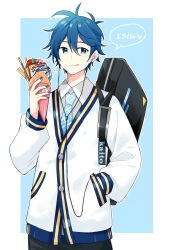 Rule 34 | +++, 1boy, absurdres, anniversary, bag, black bag, black pants, blue eyes, blue hair, blue nails, blue necktie, border, buttons, cardigan, character name, collared shirt, crepe, earbuds, earphones, facing viewer, fenghu (huli), fingernails, food, fruit, grey shirt, hair between eyes, hand in pocket, hand up, highres, holding, holding food, ice cream, ice cream crepe, kaito (vocaloid), licking lips, blue background, male focus, necktie, outline, pants, plaid, plaid necktie, pocky, school bag, shirt, shoulder bag, sideways glance, simple background, smirk, speech bubble, spiked hair, strawberry, swept bangs, syrup, tongue, tongue out, tsurime, vocaloid, white border, white cardigan, white outline