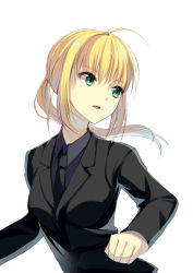 Rule 34 | 1girl, ahoge, artoria pendragon (all), artoria pendragon (fate), blonde hair, fate/stay night, fate/zero, fate (series), formal, green eyes, long hair, mochiko (mochiko3121), necktie, pant suit, pants, ponytail, saber (fate), solo, suit