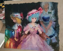 Rule 34 | 3girls, apron, bat wings, blonde hair, blue hair, blue skirt, blue vest, braid, closed mouth, collared shirt, commentary, dark background, english commentary, flandre scarlet, frilled shirt collar, frilled skirt, frills, from side, glowing, glowing wings, grey hair, hat, hat ribbon, highres, izayoi sakuya, looking at viewer, maid, medium hair, multicolored wings, multiple girls, nail polish, no eyes, no mouth, no nose, oil painting (medium), own hands together, painting (medium), painting (object), photo (medium), pink headwear, pink shirt, pink skirt, puffy short sleeves, puffy sleeves, red eyes, red nails, red ribbon, red skirt, remilia scarlet, ribbon, shirt, short sleeves, sketch, skirt, touhou, traditional media, vest, waist apron, white apron, white headwear, white shirt, wings, yuuren kyouko