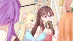Rule 34 | 4girls, :o, ahoge, amane61115, blonde hair, blue eyes, blue hair, blue hoodie, blurry, blurry background, blurry foreground, brown hair, clothing cutout, collared shirt, commentary request, depth of field, dress, dress shirt, fang, feeding, flower, food, fujishima megumi, gradient hair, hair flower, hair ornament, hand up, hasu no sora school uniform, highres, hinoshita kaho, holding, holding doughnut, holding food, hood, hoodie, light blue hair, link! like! love live!, long hair, long sleeves, looking at another, love live!, matcha (food), mira-cra park!, multicolored hair, multiple girls, open mouth, orange hair, osawa rurino, otomune kozue, pinafore dress, pink dress, pink flower, purple eyes, purple hair, rabbit hair ornament, sailor collar, school uniform, shirt, shoulder cutout, side ponytail, sidelocks, sleeveless, sleeveless dress, smile, sweater, sweater dress, twintails, two side up, v-shaped eyebrows, virtual youtuber, white flower, white sailor collar, white shirt