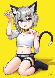 Rule 34 | :3, animal ear fluff, animal ears, ankle boots, arm up, artist name, bad id, bad twitter id, bare shoulders, bell, belt, belt buckle, black choker, black footwear, black shorts, blue eyes, blue nails, blush, boots, bra strap, buckle, cat day, cat ears, cat tail, choker, collarbone, commentary, crop top, facing viewer, hair between eyes, hair ornament, hairclip, hand up, highres, jingle bell, looking at viewer, medium hair, midriff, nail polish, navel, neck bell, off-shoulder shirt, off shoulder, open mouth, paw pose, rurine luna, shadow, shirt, short shorts, shorts, signature, silver hair, single strap, sitting, solo, stomach, tail, thigh belt, thigh strap, virtual youtuber, wactor production, wariza, white belt, white shirt, yellow background, yof (sc gazer)