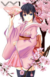 Rule 34 | 1girl, black hair, blue eyes, cherry blossoms, dogwood (flower), female focus, flower, hand fan, japanese clothes, kimono, nature, oimari, simple background, smile, solo, thighhighs, vocaloid, vy1, white background