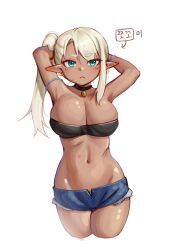 Rule 34 | 1girl, :&lt;, ajidot, aqua eyes, armpits, arms behind head, arms up, bandeau, blonde hair, breasts, cleavage, commentary request, cropped legs, dark skin, denim, denim shorts, earrings, highres, jewelry, large breasts, long hair, looking at viewer, midriff, navel, open fly, original, pointy ears, short shorts, shorts, side ponytail, simple background, solo, standing, stomach, strapless, thighs, translation request, tube top, white background