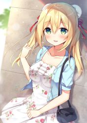 Rule 34 | 1girl, against wall, anzu (sumisaki yuzuna), bad id, bad pixiv id, bag, blonde hair, blush, bow, breasts, bun cover, collarbone, commentary request, cowboy shot, day, double bun, dress, dutch angle, floral print, green eyes, hair between eyes, hair bun, hair ribbon, jacket, long hair, looking at viewer, medium breasts, open mouth, original, outdoors, red ribbon, ribbon, short sleeves, shoulder bag, smile, solo, sparkle, sumisaki yuzuna, sunlight, twintails
