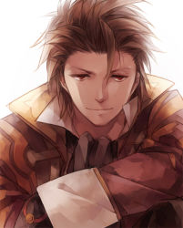 Rule 34 | 1boy, alvin (tales), bad id, bad pixiv id, brown eyes, brown hair, brown theme, coat, himishiro, male focus, messy hair, smile, solo, tales of (series), tales of xillia, white background