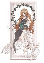 Rule 34 | 1girl, bare arms, bare legs, barefoot, black dress, border, breasts, brown border, character name, cleavage, crescent, crescent hair ornament, dress, druvis iii, full body, green eyes, hair ornament, highres, holding, holding plant, leaf hair ornament, long dress, long hair, looking at viewer, mistletoe, orange hair, outside border, plant, reverse:1999, side slit, signature, sleeveless, sleeveless dress, solo, very long hair, white background, ya (witchroy)