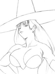 Rule 34 | astra super stars, bare shoulders, breasts, cleavage, dress, elbow gloves, large breasts, lowres, monochrome, official art, sketch, smug, stella (astra super stars), very long hair, witch, witch hat