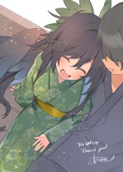 Rule 34 | 1boy, 1girl, ^ ^, absurdres, akagashi hagane, bench, black hair, bow, closed eyes, couple, cuddling, closed eyes, hair bow, happy, head on another&#039;s shoulder, highres, japanese clothes, kimono, long hair, reiuji utsuho, smile, touhou, wings