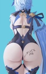 Rule 34 | 1girl, absurdres, artist request, ass, ass focus, black thighhighs, blue background, blue hair, body writing, cape, eula (genshin impact), from behind, genshin impact, hairband, highres, huge ass, leotard, partially visible vulva, profanity, short hair, simple background, skindentation, solo, thigh gap, thighhighs, thighs