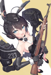 Rule 34 | 1girl, :d, ammunition pouch, animal ears, black hair, blue eyes, cable, commentary request, detached collar, earphones, elbow gloves, fake animal ears, fang, fingerless gloves, garrison cap, gloves, gun, gun sling, hat, highres, holding, holding gun, holding weapon, leotard, looking at viewer, mecha musume, open mouth, original, playboy bunny, pouch, rabbit ears, rifle, samaru (seiga), short hair, skin fang, smile, solo, strapless, strapless leotard, throat microphone, tsurime, two-tone background, weapon, weapon request, white background, yellow background