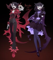 Rule 34 | 1girl, adventure time, black dress, black hair, blood, blood on face, colored skin, dress, earrings, elbow gloves, evil smile, fangs, forked tongue, gloves, grey skin, high-waist pants, highres, jewelry, knifedragon, lolita fashion, looking at viewer, marceline abadeer, multiple persona, pants, pendant choker, pointy ears, puffy short sleeves, puffy sleeves, red eyes, short sleeves, smile, star (symbol), star earrings, tongue